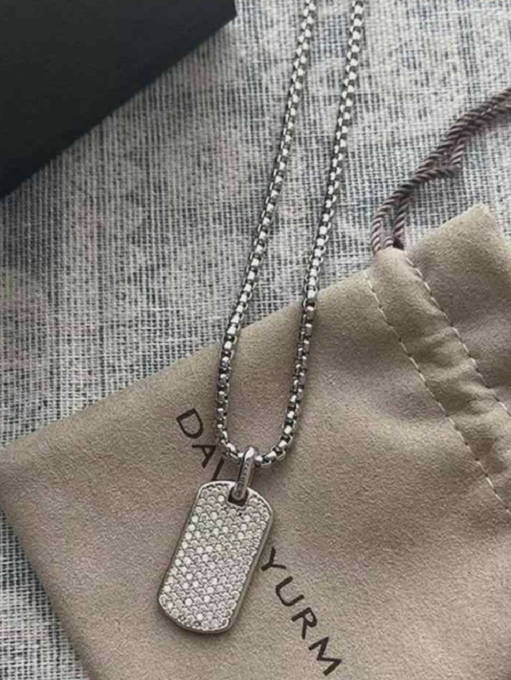 David Yurman Silver Pavé Dog Tag Pendant Necklace